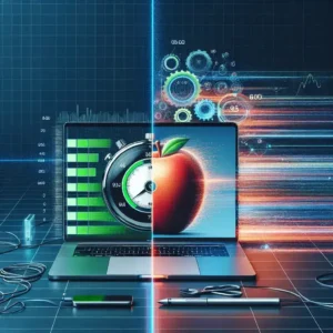 "Side-by-side comparison of MacBook Pro M4 Pro and Windows AI PCs during a productivity benchmark test, showcasing performance results and design differences."