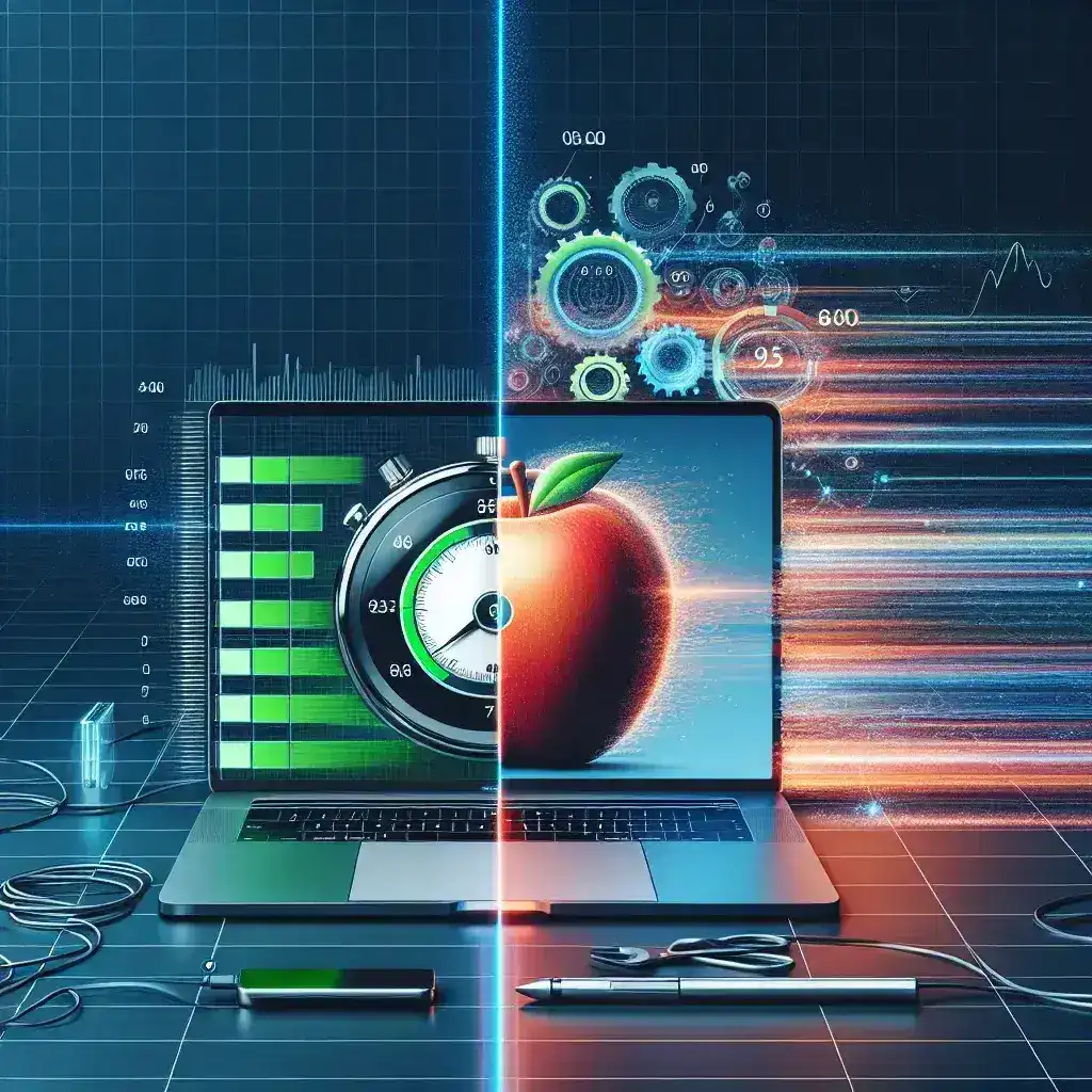 "Side-by-side comparison of MacBook Pro M4 Pro and Windows AI PCs during a productivity benchmark test, showcasing performance results and design differences."