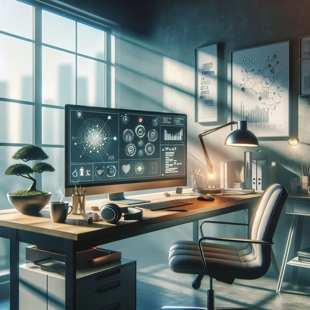 "Illustration of a person using productivity software on a laptop, surrounded by focus-enhancing tools like a timer and noise-canceling headphones, representing techniques for achieving deep work and enhanced concentration."