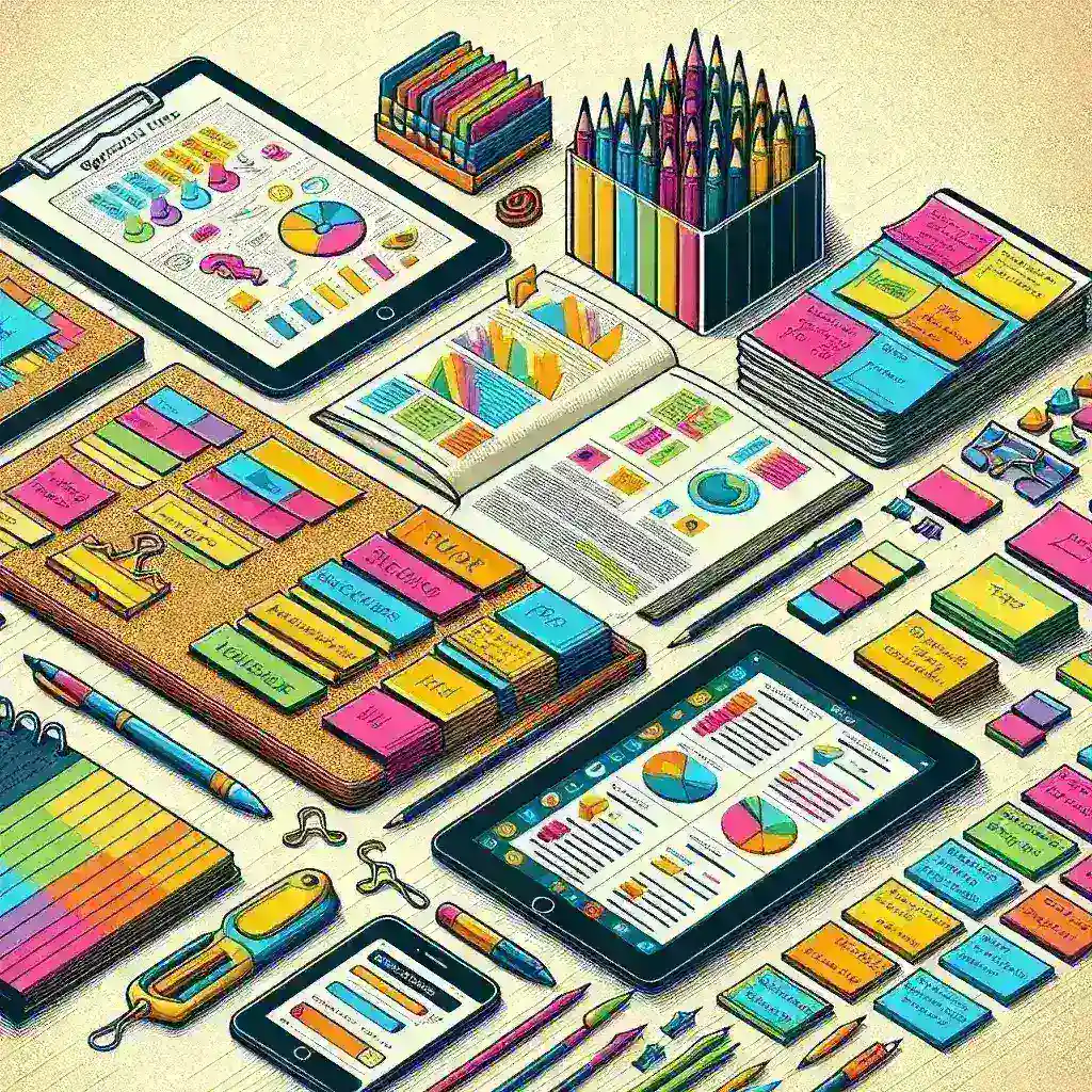 "Illustration of various digital tools and apps for organizing research notes, including notebooks, tags, and cloud storage icons, featured in the article 'Top Tools for Organizing Research Notes'."
