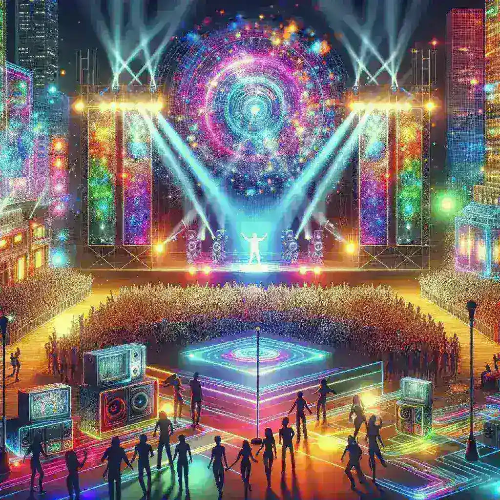 "Excited concertgoers enjoying a mesmerizing holographic performance at a Sony Music event in a U.S. city, showcasing cutting-edge technology in live entertainment."